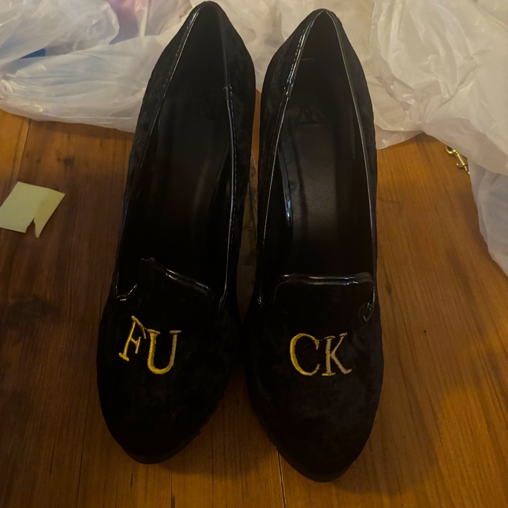 YRU F**k velvet black high heels